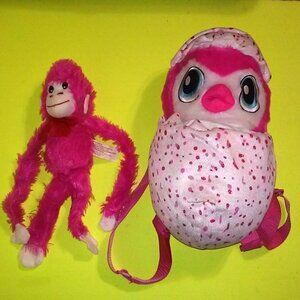 Pink Penguala Plush backpack & fuzzy friends Monkey